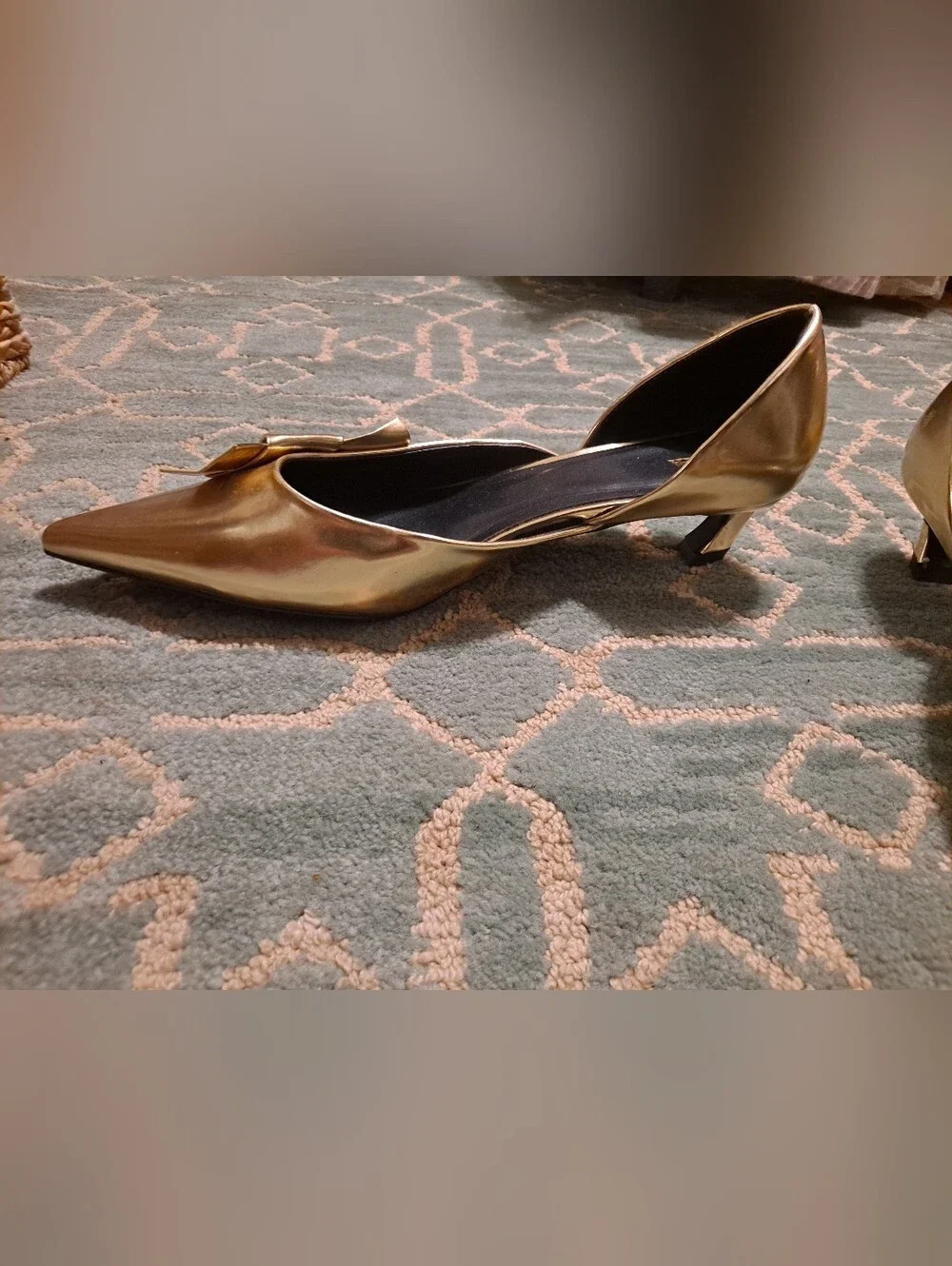 Zara Metallic Gold Pointed Bow D'Orsay With A Kitten Heel